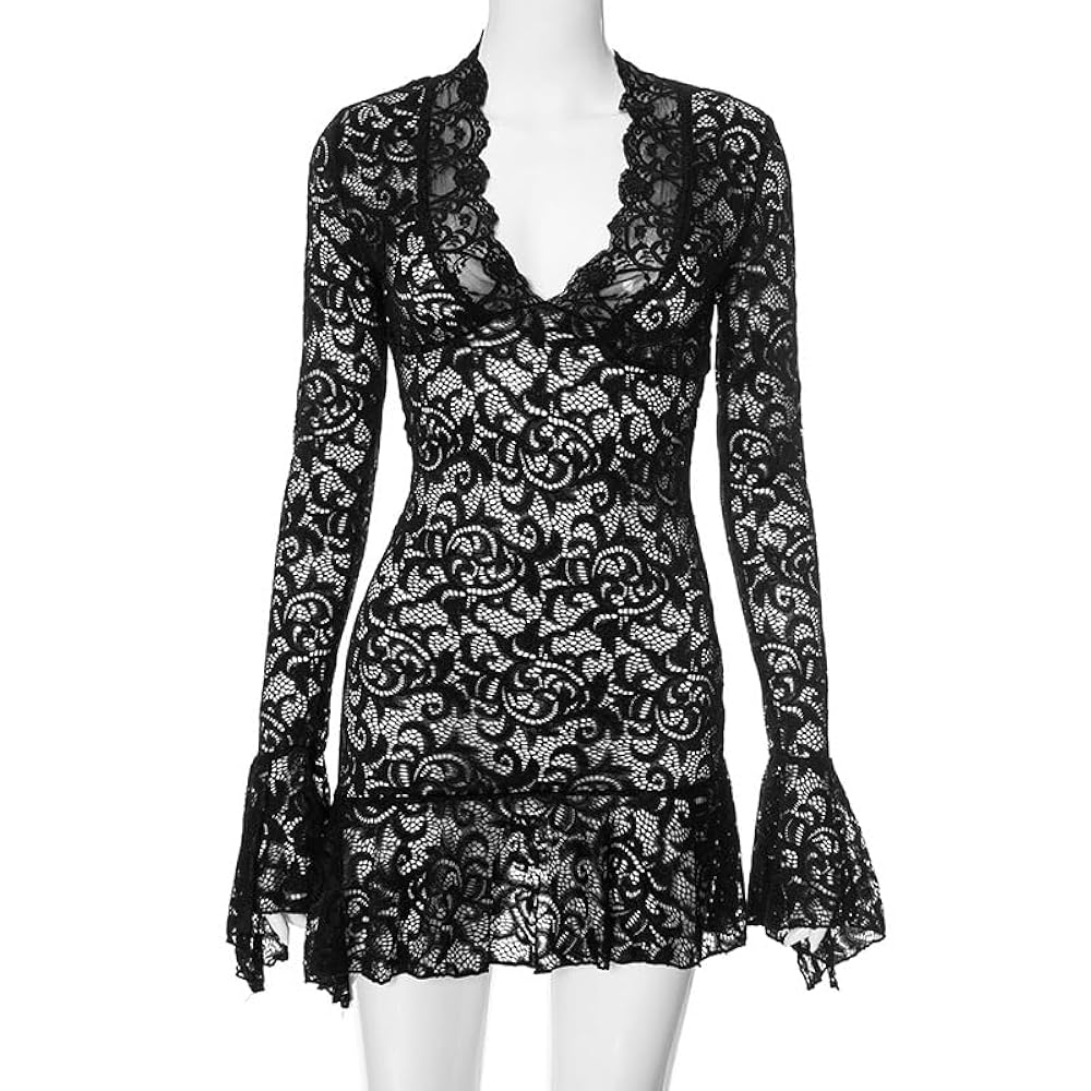 ワンピース andwang balloon lace mini dress Lace Bodycon Dresses, Lantern Sleeve Dress: White V Neck